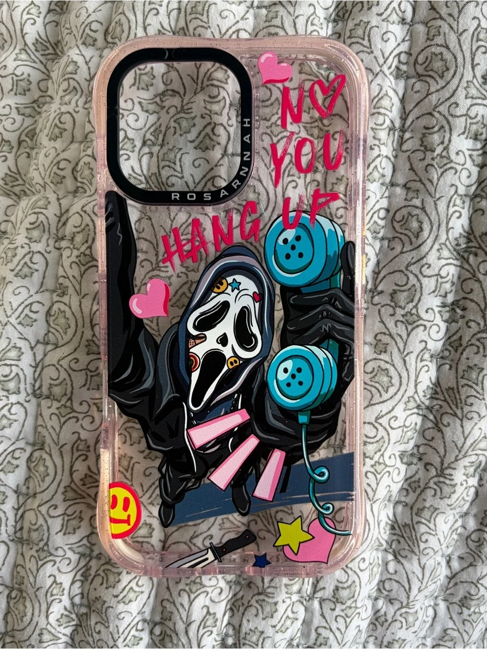 Pink Graphic Clear iPhone 13 Case with Blue Accents